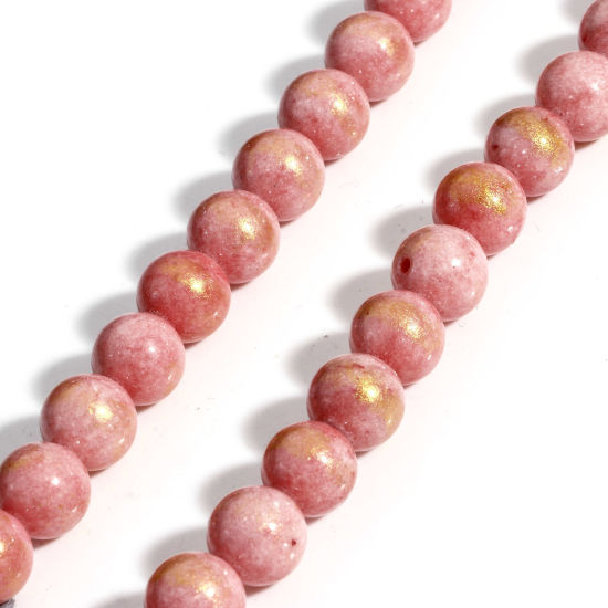 Picture of 1 Strand (Approx 40 PCs/Strand) (Grade A) Stone ( Natural Dyed ) Loose Beads For DIY Jewelry Making Round Orange Pink Glitter About 10mm Dia., Hole: Approx 1.2mm, 40cm(15 6/8") long