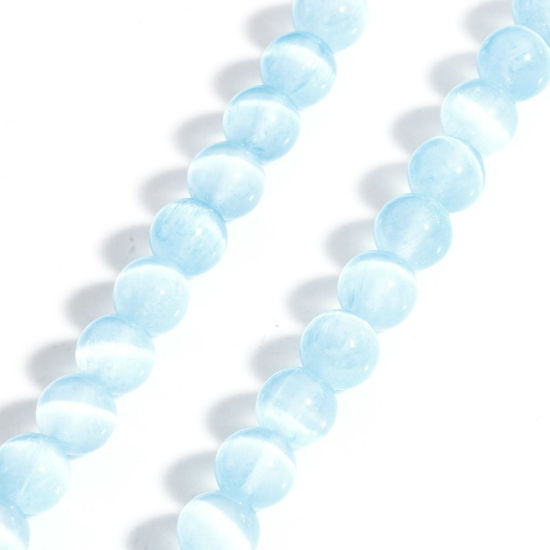 Picture of 1 Strand (Approx 48 PCs/Strand) (Grade A) Selenite ( Natural Dyed ) Loose Beads For DIY Jewelry Making Round Aqua Blue About 8mm Dia., Hole: Approx 1mm, 39cm(15 3/8") long