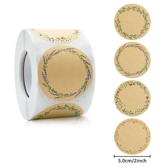 Picture of 1 Roll ( 500 PCs/Set) Kraft Paper Seals Stickers Labels Brown Round Wreath 5cm Dia.