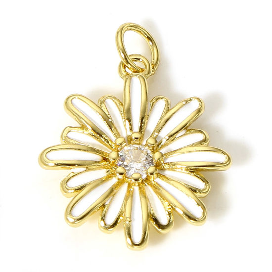 Picture of 1 Piece Brass Charms 18K Real Gold Plated White Daisy Flower Enamel Clear Cubic Zirconia 22mm x 17mm                                                                                                                                                          