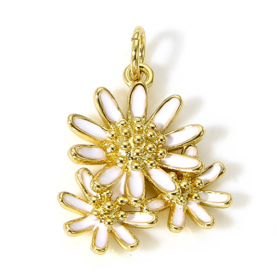 Picture of 1 Piece Brass Charms 18K Real Gold Plated White Daisy Flower Enamel 23mm x 15.5mm                                                                                                                                                                             