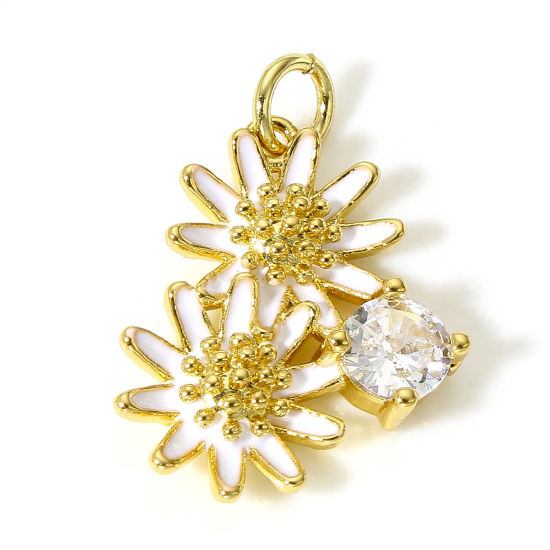 Picture of 1 Piece Brass Charms 18K Real Gold Plated White Daisy Flower Enamel Clear Cubic Zirconia 23mm x 16mm                                                                                                                                                          