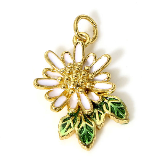 Picture of 1 Piece Brass Charms 18K Real Gold Plated White & Green Daisy Flower Enamel 23mm x 15mm                                                                                                                                                                       