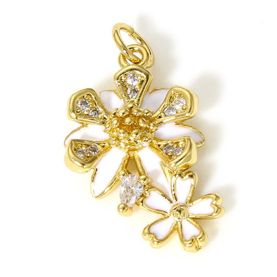 Picture of 1 Piece Brass Charms 18K Real Gold Plated White Daisy Flower Enamel Clear Cubic Zirconia 23mm x 14mm                                                                                                                                                          