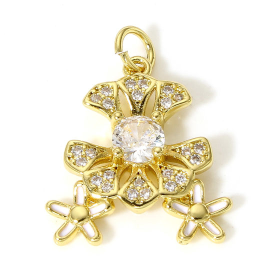 Picture of 1 Piece Brass Charms 18K Real Gold Plated White Daisy Flower Enamel Clear Cubic Zirconia 20mm x 18mm                                                                                                                                                          
