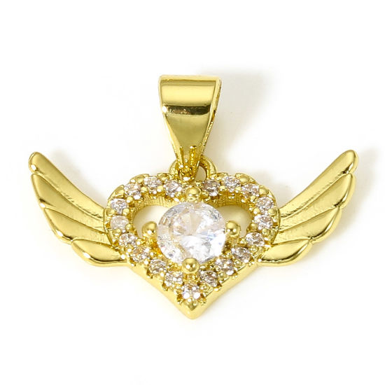 Picture of 1 Piece Brass Valentine's Day Charms 18K Real Gold Plated Heart Wing Micro Pave Clear Cubic Zirconia 19mm x 15.5mm                                                                                                                                            
