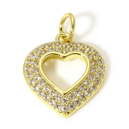Picture of 1 Piece Brass Valentine's Day Charms 18K Real Gold Plated Heart Micro Pave Clear Cubic Zirconia 14mm x 10mm                                                                                                                                                   