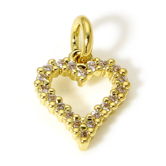 Picture of 1 Piece Brass Valentine's Day Charms 18K Real Gold Plated Heart Micro Pave Clear Cubic Zirconia 14mm x 9.5mm                                                                                                                                                  