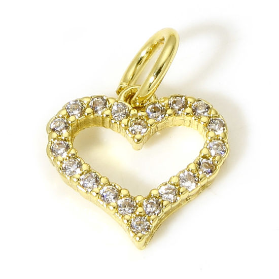 Picture of 1 Piece Brass Valentine's Day Charms 18K Real Gold Plated Heart Micro Pave Clear Cubic Zirconia 13mm x 10mm                                                                                                                                                   