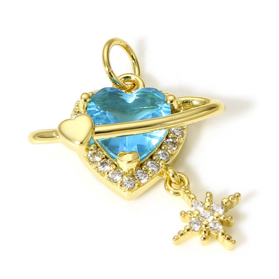 Picture of 1 Piece Brass Valentine's Day Charms 18K Real Gold Plated Blue Planet Heart Micro Pave Clear Cubic Zirconia 22mm x 16mm                                                                                                                                       