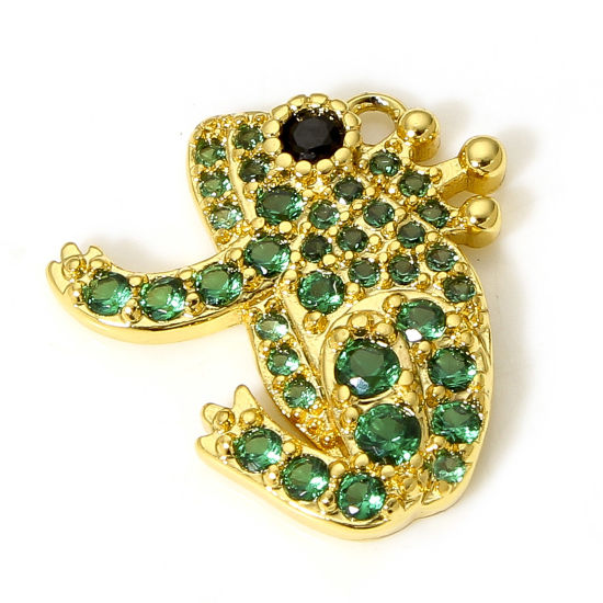 Picture of 1 Piece Brass Charms 18K Real Gold Plated Frog Animal Micro Pave Green Cubic Zirconia 16mm x 14.5mm