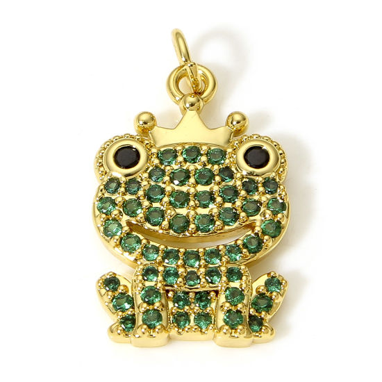 Picture of 1 Piece Brass Charms 18K Real Gold Plated Frog Animal Crown Micro Pave Green Cubic Zirconia 20mm x 11mm