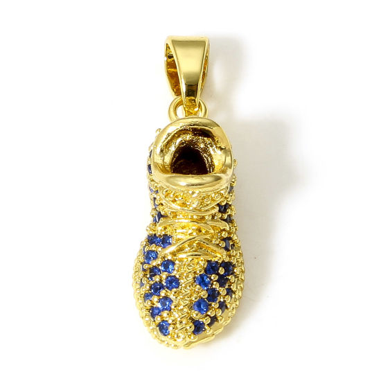 Picture of 1 Piece Brass Clothes Pendants 18K Real Gold Plated Shoes 3D Royal Blue Cubic Zirconia 3cm x 0.9cm