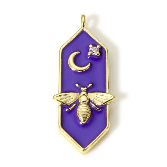Picture of 1 Piece Brass Charms 18K Real Gold Plated Purple Bee Animal Moon Star Enamel Clear Cubic Zirconia 24mm x 8mm                                                                                                                                                  