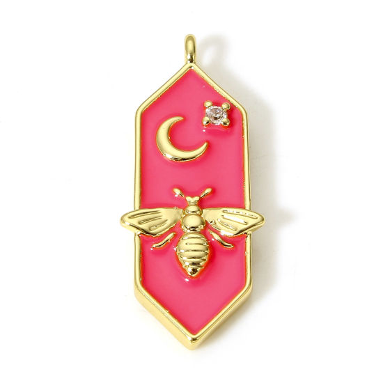 Picture of 1 Piece Brass Charms 18K Real Gold Plated Fuchsia Bee Animal Moon Star Enamel Clear Cubic Zirconia 24mm x 8mm                                                                                                                                                 