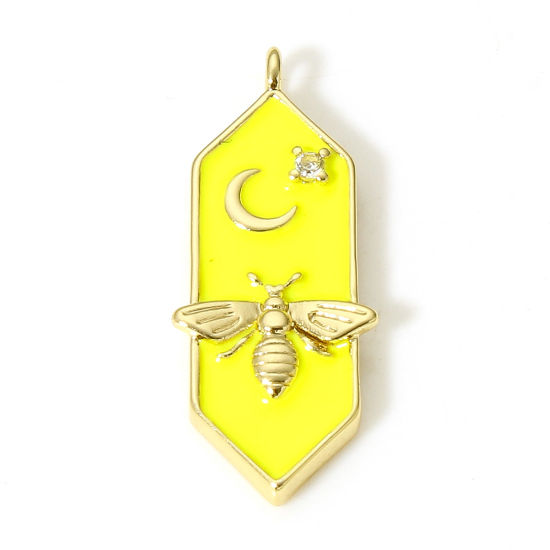 Picture of 1 Piece Brass Charms 18K Real Gold Plated Yellow Bee Animal Moon Star Enamel Clear Cubic Zirconia 24mm x 8mm                                                                                                                                                  