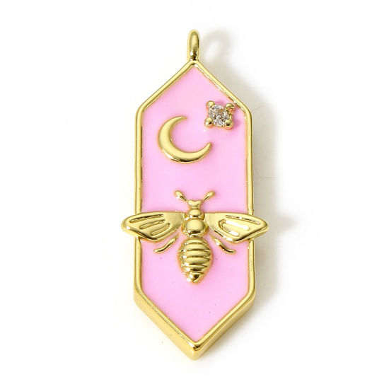 Picture of 1 Piece Brass Charms 18K Real Gold Plated Pink Bee Animal Moon Star Enamel Clear Cubic Zirconia 24mm x 8mm                                                                                                                                                    