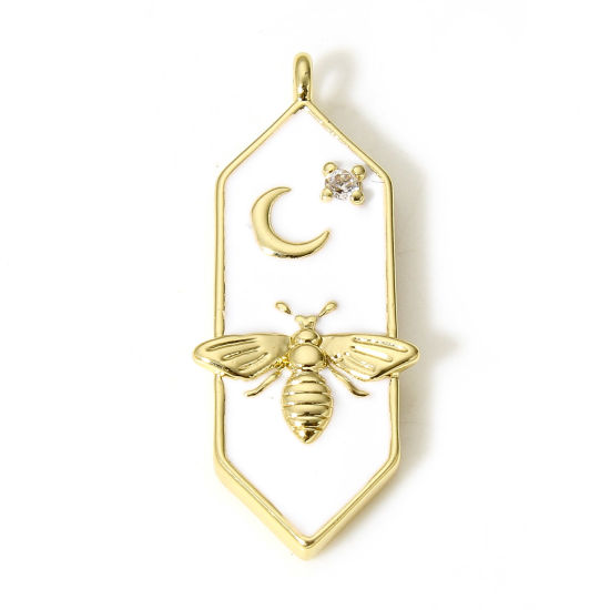 Picture of 1 Piece Brass Charms 18K Real Gold Plated White Bee Animal Moon Star Enamel Clear Cubic Zirconia 24mm x 8mm                                                                                                                                                   