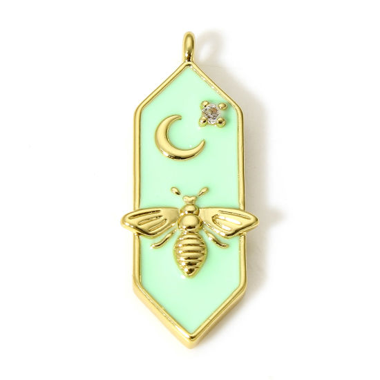 Picture of 1 Piece Brass Charms 18K Real Gold Plated Mint Green Bee Animal Moon Star Enamel Clear Cubic Zirconia 24mm x 8mm                                                                                                                                              