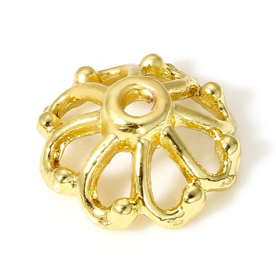 Bild von 10 Stück Messing Perlkappen Blumen 18K Echtgold plattiert Hohl (Passt 14mm Perle) 10mm x 10mm