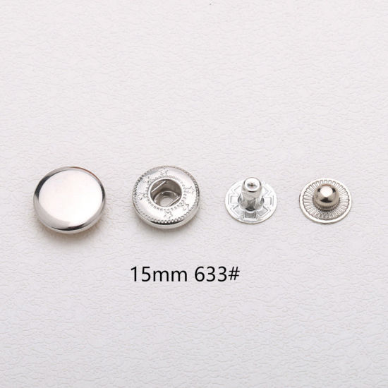 Picture of 10 Sets 633# Brass Metal Snap Fastener Buttons Silver Color Round 15mm Dia.