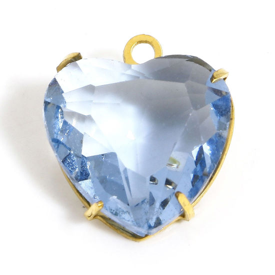 Immagine di 1 Pz 304 Acciaio Inossidabile & Vetro Pietre Nascita Charms Cuore Oro Placcato Blu Chiaro 14mm x 12mm
