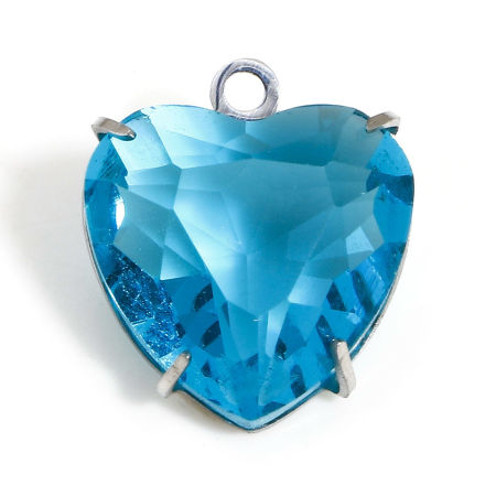 Picture of 1 Piece 304 Stainless Steel & Glass Birthstone Charms Silver Tone Aqua Blue Heart 14mm x 12mm