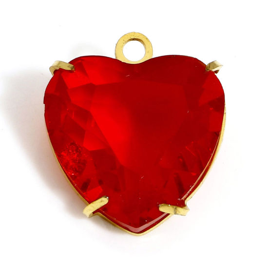 Immagine di 1 Pz 304 Acciaio Inossidabile & Vetro Pietre Nascita Charms Cuore Oro Placcato Rosso 14mm x 12mm