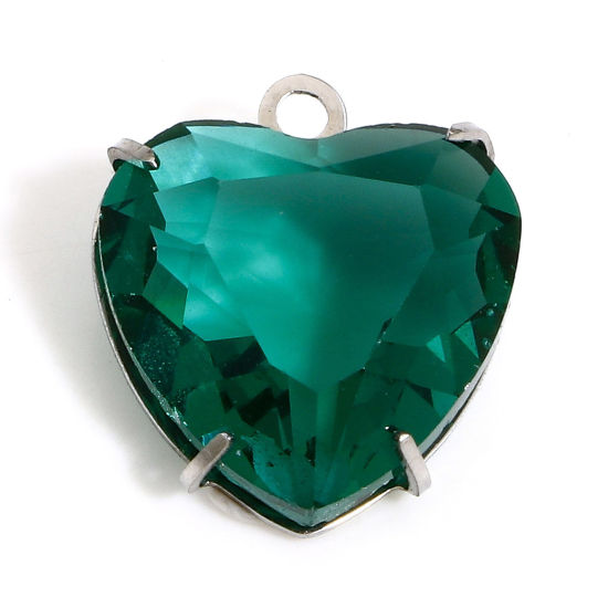 Immagine di 1 Pz 304 Acciaio Inossidabile & Vetro Pietre Nascita Charms Cuore Tono Argento Verde 14mm x 12mm