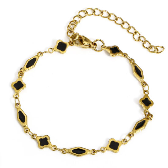 Picture of 1 Piece Eco-friendly Vacuum Plating 304 Stainless Steel Handmade Link Chain Bracelets 18K Gold Color Black Geometric Double-sided Enamel 16cm(6 2/8") long