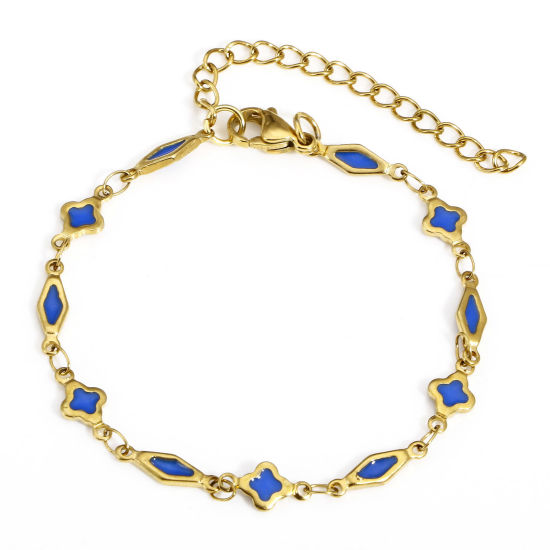 Picture of 1 Piece Eco-friendly Vacuum Plating 304 Stainless Steel Handmade Link Chain Bracelets 18K Gold Color Royal Blue Geometric Double-sided Enamel 16cm(6 2/8") long