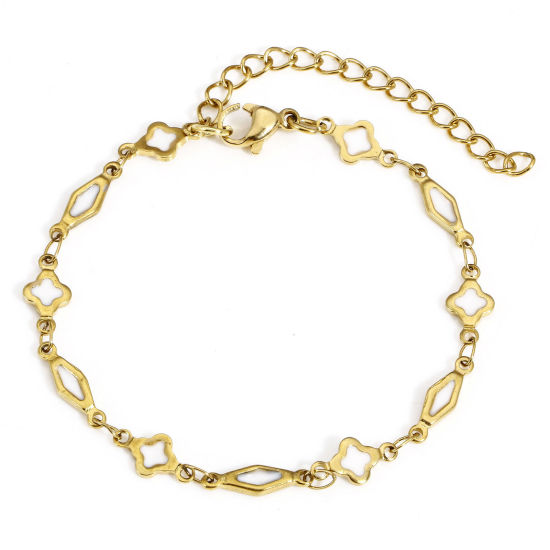 Picture of 1 Piece Eco-friendly Vacuum Plating 304 Stainless Steel Handmade Link Chain Bracelets 18K Gold Color White Geometric Double-sided Enamel 16cm(6 2/8") long