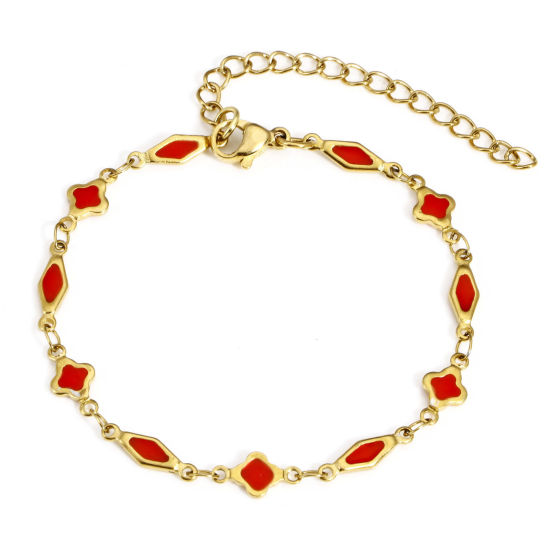 Picture of 1 Piece Eco-friendly Vacuum Plating 304 Stainless Steel Handmade Link Chain Bracelets 18K Gold Color Red Geometric Double-sided Enamel 16cm(6 2/8") long