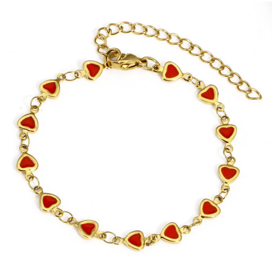 Immagine di 1 Pz Placcatura Sottovuoto PVD Ecologica 304 Acciaio Inossidabile San Valentino Catena a Maglia Fatta a Mano Braccialetti Placcato Oro 18K Rosso Cuore Smalto a Doppia Faccia 17cm Lunghezza