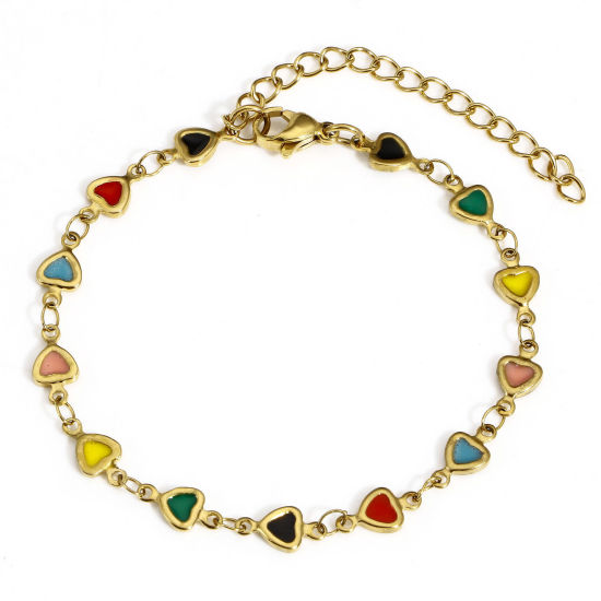 Immagine di 1 Pz Placcatura Sottovuoto PVD Ecologica 304 Acciaio Inossidabile San Valentino Catena a Maglia Fatta a Mano Braccialetti Placcato Oro 18K Multicolore Cuore Smalto a Doppia Faccia 17cm Lunghezza