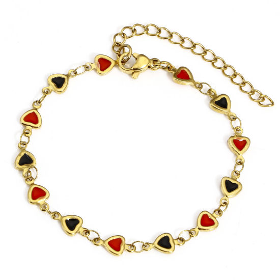 Immagine di 1 Pz Placcatura Sottovuoto PVD Ecologica 304 Acciaio Inossidabile San Valentino Catena a Maglia Fatta a Mano Braccialetti Placcato Oro 18K Nero & Rosso Cuore Smalto a Doppia Faccia 17cm Lunghezza