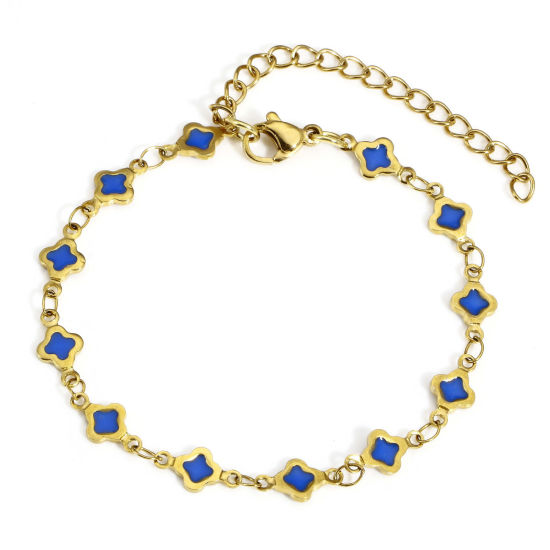Picture of 1 Piece Eco-friendly Vacuum Plating 304 Stainless Steel Handmade Link Chain Bracelets 18K Gold Color Royal Blue Quadrilateral Double-sided Enamel 16.5cm(6 4/8") long