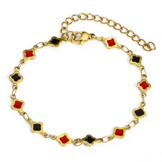 Picture of 1 Piece Eco-friendly Vacuum Plating 304 Stainless Steel Handmade Link Chain Bracelets 18K Gold Color Black & Red Quadrilateral Double-sided Enamel 16.5cm(6 4/8") long