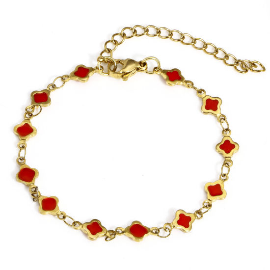 Picture of 1 Piece Eco-friendly Vacuum Plating 304 Stainless Steel Handmade Link Chain Bracelets 18K Gold Color Red Quadrilateral Double-sided Enamel 16.5cm(6 4/8") long