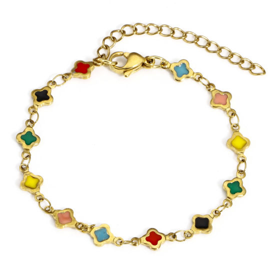 Picture of 1 Piece Eco-friendly Vacuum Plating 304 Stainless Steel Handmade Link Chain Bracelets 18K Gold Color Multicolor Quadrilateral Double-sided Enamel 16.5cm(6 4/8") long