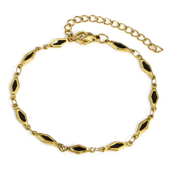 Picture of 1 Piece Eco-friendly Vacuum Plating 304 Stainless Steel Handmade Link Chain Bracelets 18K Gold Color Black Rhombus Double-sided Enamel 17.5cm(6 7/8") long