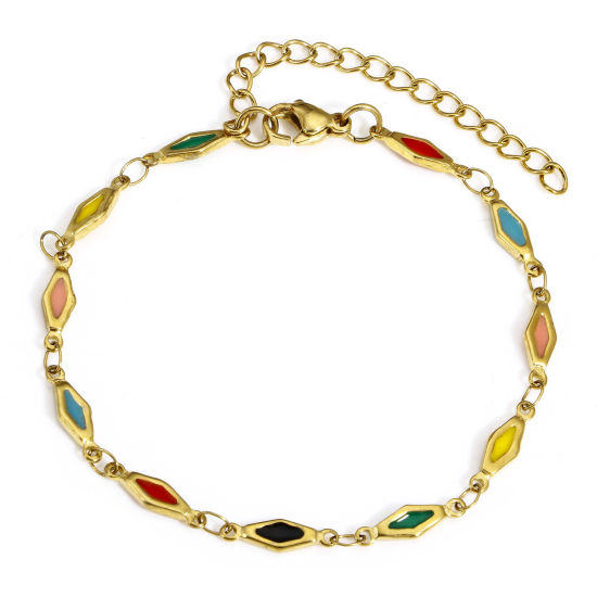 Picture of 1 Piece Eco-friendly Vacuum Plating 304 Stainless Steel Handmade Link Chain Bracelets 18K Gold Color Multicolor Rhombus Double-sided Enamel 17.5cm(6 7/8") long