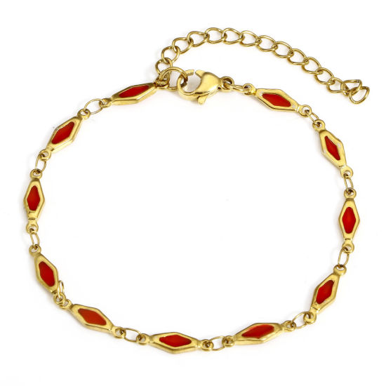 Picture of 1 Piece Eco-friendly Vacuum Plating 304 Stainless Steel Handmade Link Chain Bracelets 18K Gold Color Red Rhombus Double-sided Enamel 17.5cm(6 7/8") long