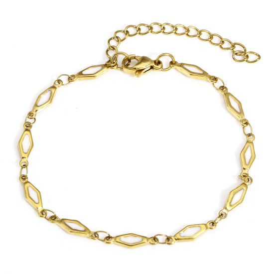 Picture of 1 Piece Eco-friendly Vacuum Plating 304 Stainless Steel Handmade Link Chain Bracelets 18K Gold Color White Rhombus Double-sided Enamel 17.5cm(6 7/8") long