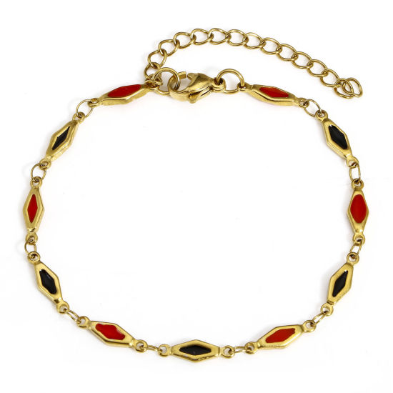 Picture of 1 Piece Eco-friendly Vacuum Plating 304 Stainless Steel Handmade Link Chain Bracelets 18K Gold Color Black & Red Rhombus Double-sided Enamel 17.5cm(6 7/8") long