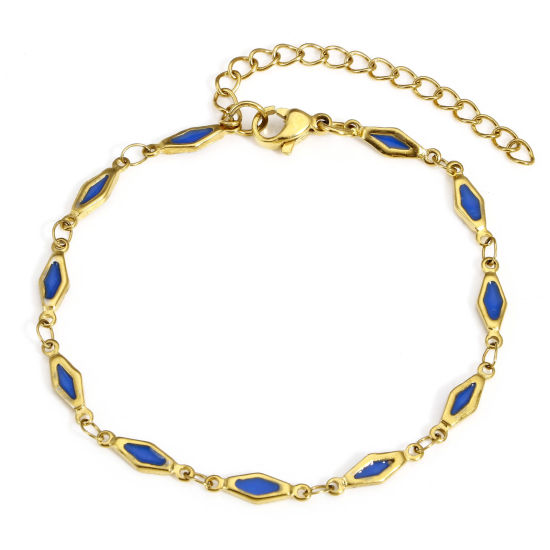 Picture of 1 Piece Eco-friendly Vacuum Plating 304 Stainless Steel Handmade Link Chain Bracelets 18K Gold Color Royal Blue Rhombus Double-sided Enamel 17.5cm(6 7/8") long