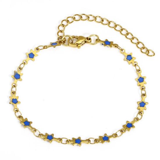 Immagine di 1 Pz Placcatura Sottovuoto PVD Ecologica 304 Acciaio Inossidabile Galassia Catena a Maglia Fatta a Mano Braccialetti Placcato Oro 18K Blu Marino Stella a Cinque Punte Smalto a Doppia Faccia 16.5cm Lunghezza