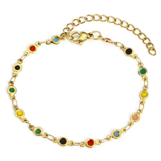 Bild von 1 Strang Umweltfreundliche PVD-Vakuumbeschichtung 304 Edelstahl Handgefertigte Gliederkette Armband 18K Gold plattiert Bunt Herz Doppelseitige Emaille 17cm lang