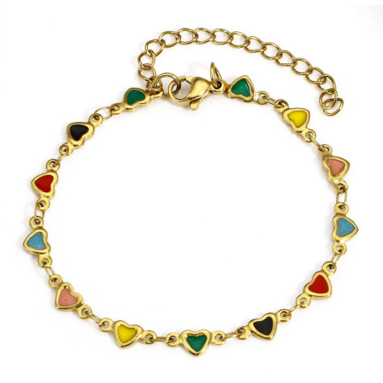 Picture of 1 Piece Eco-friendly Vacuum Plating 304 Stainless Steel Valentine's Day Handmade Link Chain Bracelets 18K Gold Color Multicolor Heart Double-sided Enamel 16.5cm(6 4/8") long