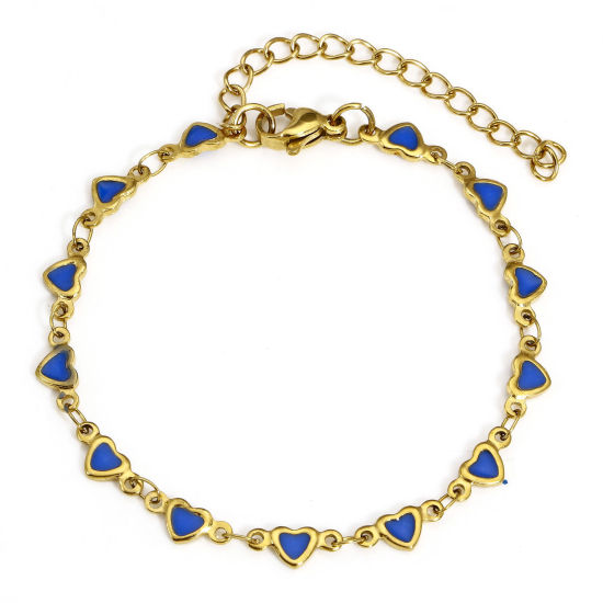 Picture of 1 Piece Eco-friendly Vacuum Plating 304 Stainless Steel Valentine's Day Handmade Link Chain Bracelets 18K Gold Color Royal Blue Heart Double-sided Enamel 16.5cm(6 4/8") long
